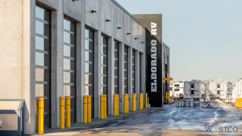 Eldorado RV service bays with tall glazed doors